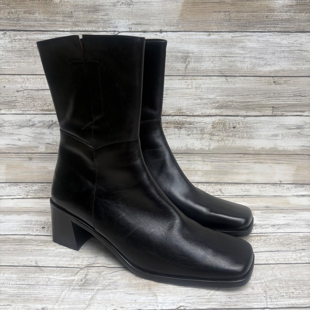 Kenneth Cole Boots 9.5 Black Leather Square Toe Block Heel Italy Y2K Chunky 90s